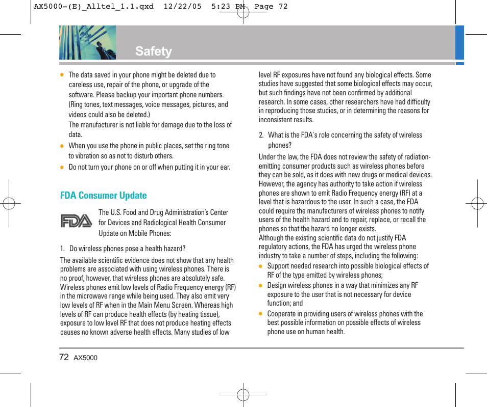 Safety, Fda consumer update | LG AX5000 User Manual | Page 74 / 174