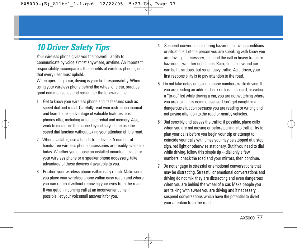 10 driver safety tips | LG AX5000 User Manual | Page 79 / 174