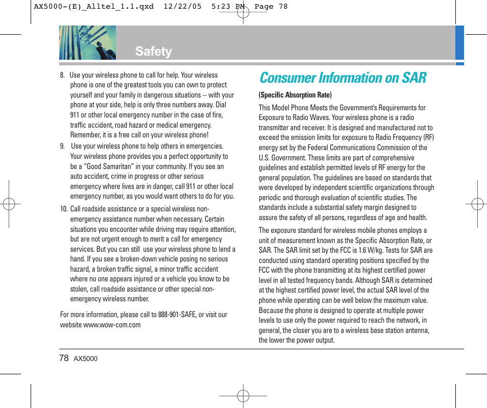 Consumer information on sar, Safety | LG AX5000 User Manual | Page 80 / 174