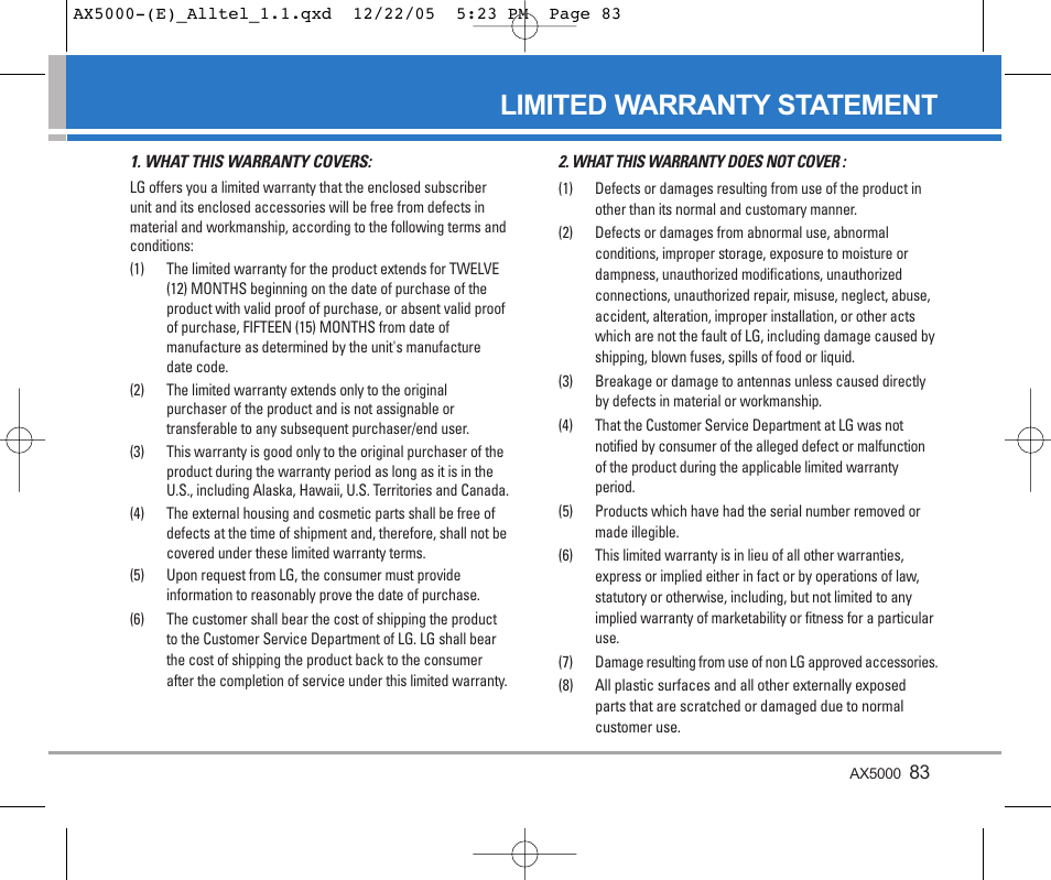 Limited warranty statement | LG AX5000 User Manual | Page 85 / 174