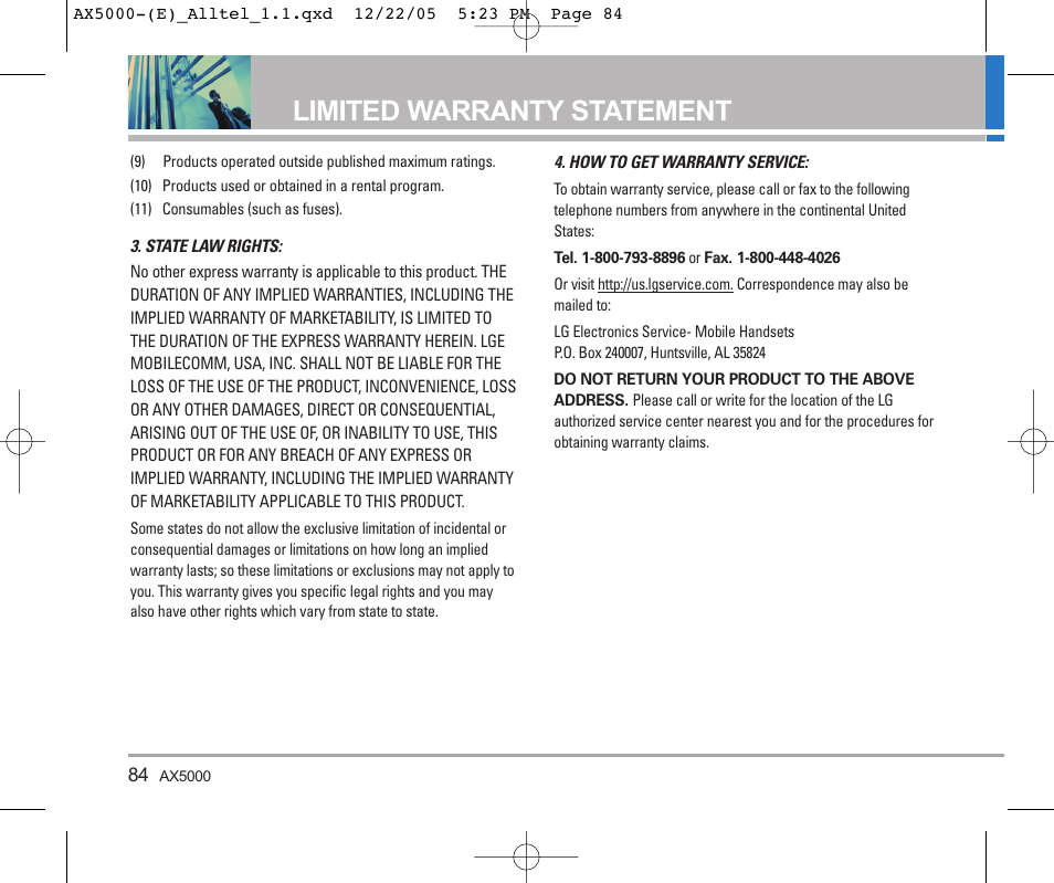 Limited warranty statement | LG AX5000 User Manual | Page 86 / 174