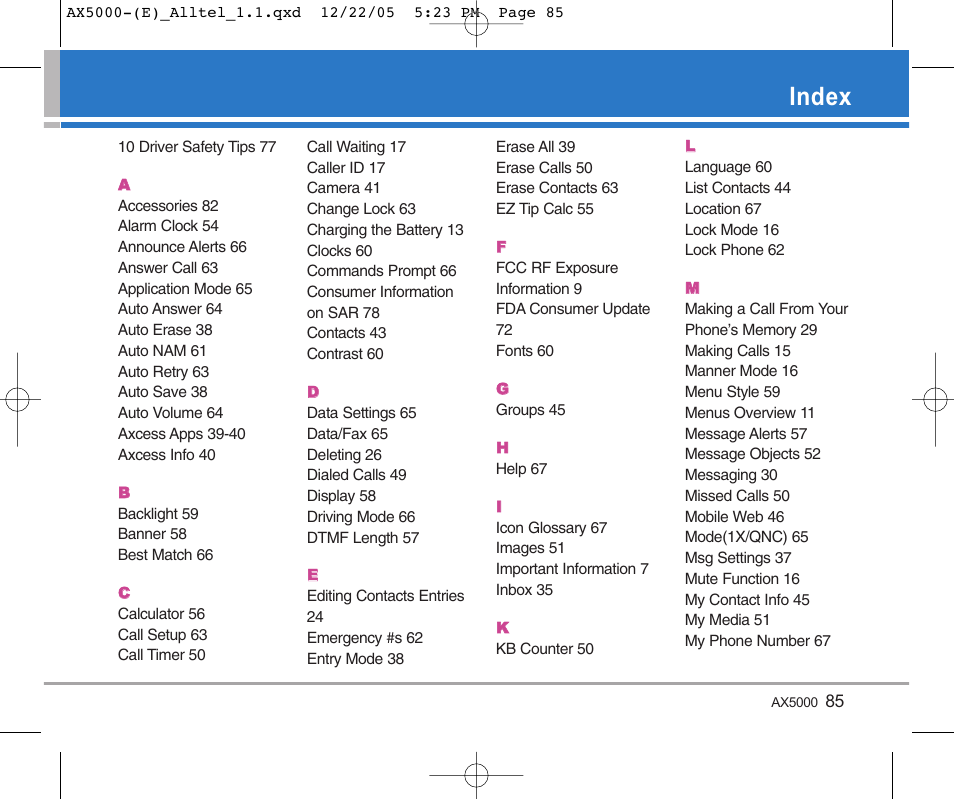 Index | LG AX5000 User Manual | Page 87 / 174