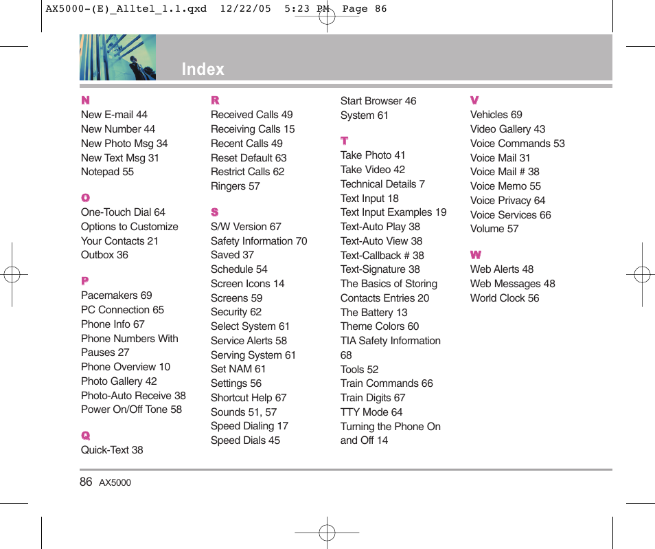 Index | LG AX5000 User Manual | Page 88 / 174