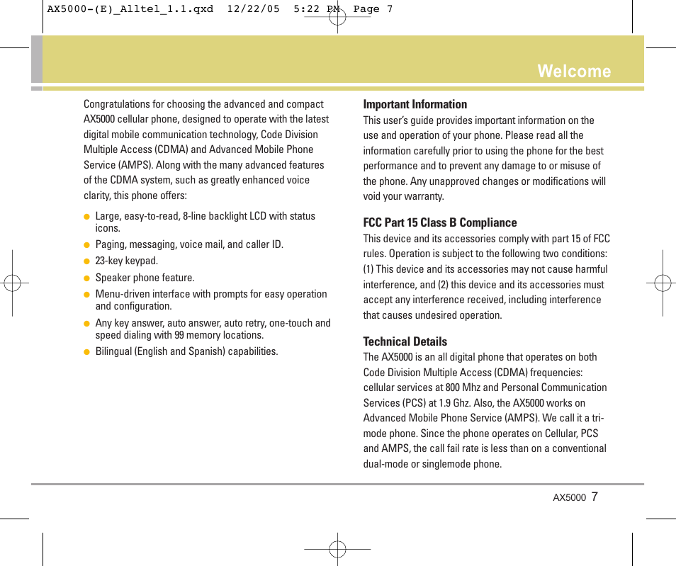 Welcome | LG AX5000 User Manual | Page 9 / 174