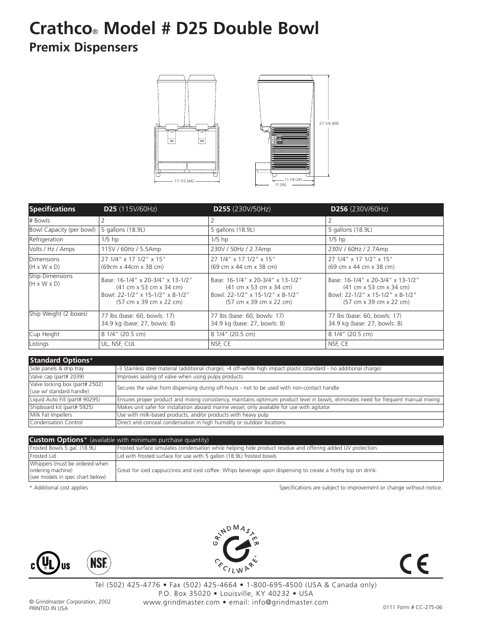 Crathco, Model # d25 double bowl, Premix dispensers | LG D25 User Manual | Page 2 / 2