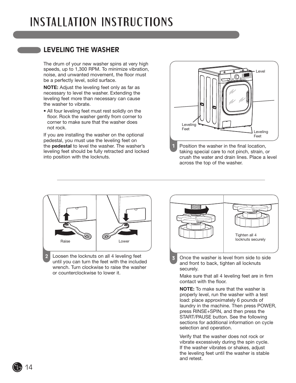 Leveling the washer | LG WM3001H*A User Manual | Page 14 / 72