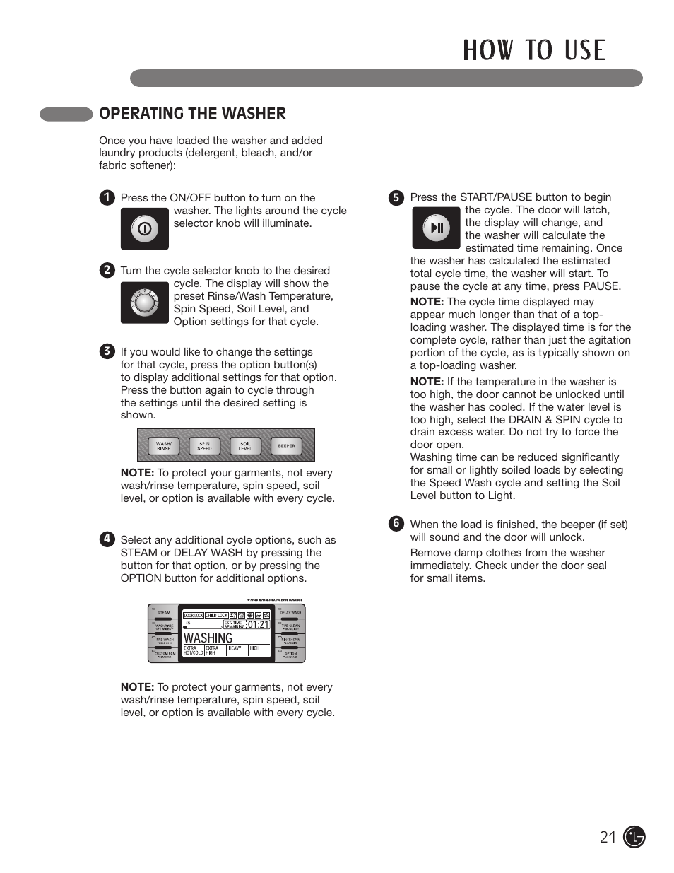 H o w to u s e, Operating the washer | LG WM3001H*A User Manual | Page 21 / 72