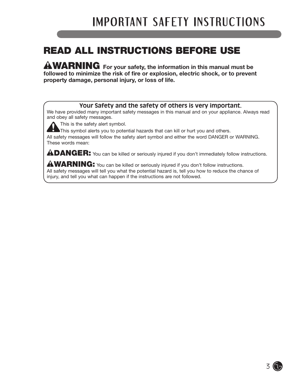 Wwarning, Read all instructions before use | LG WM3001H*A User Manual | Page 3 / 72