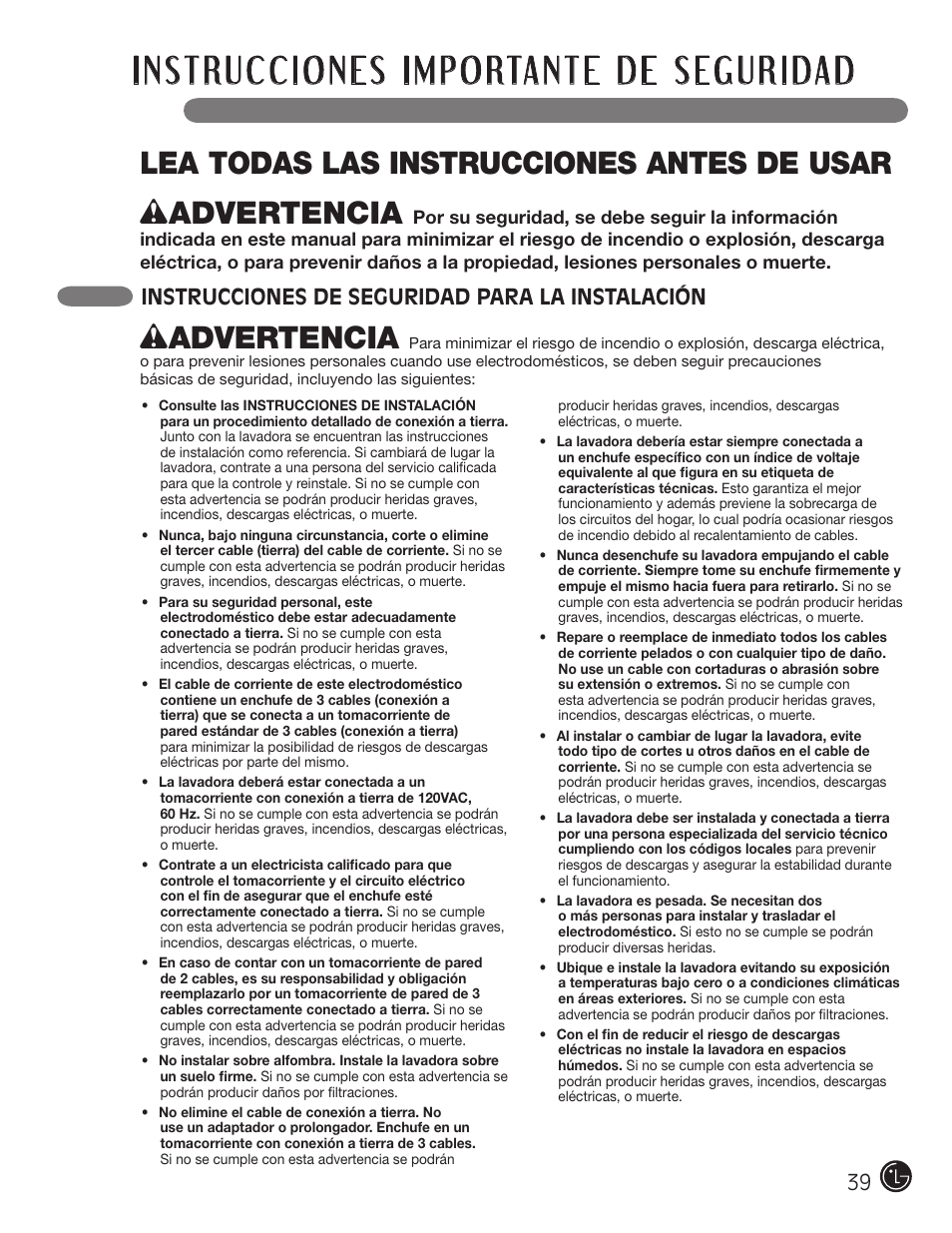 Wadvertencia, Instrucciones de seguridad para la instalación | LG WM3001H*A User Manual | Page 39 / 72