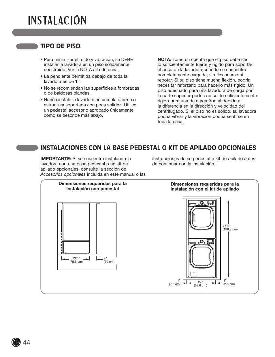 I n s ta l ac i ó n, Tipo de piso | LG WM3001H*A User Manual | Page 44 / 72