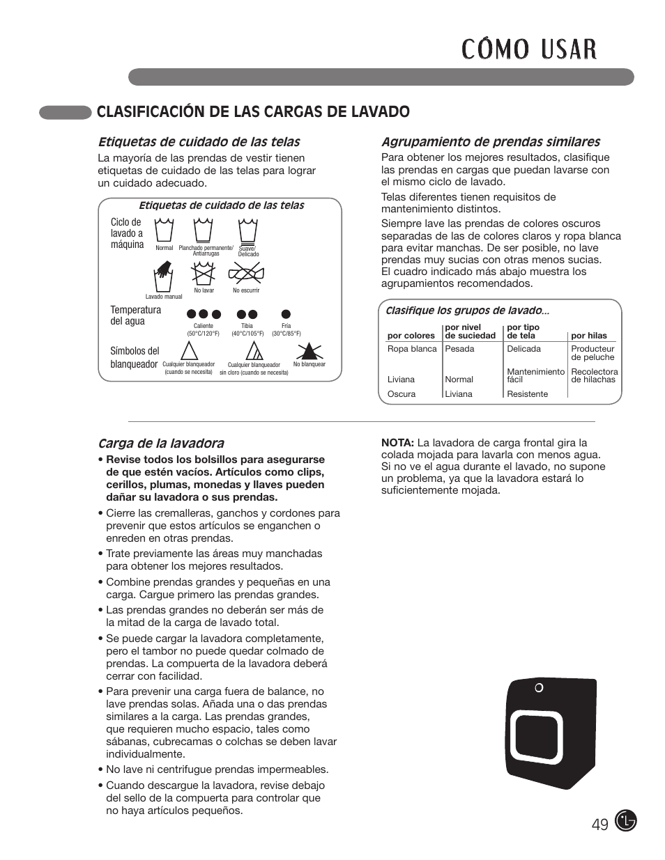 Clasificación de las cargas de lavado | LG WM3001H*A User Manual | Page 49 / 72