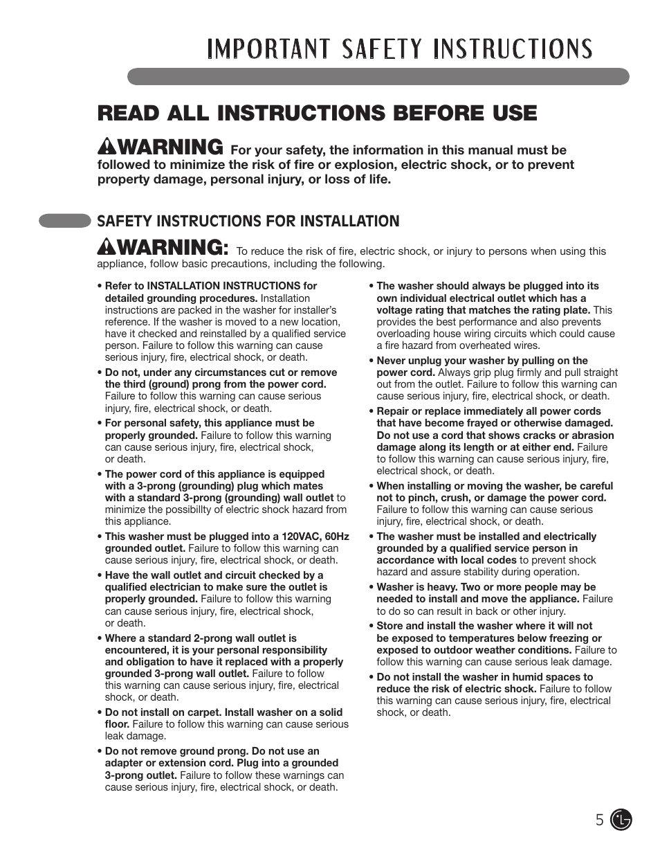 Wwarning, Read all instructions before use, Safety instructions for installation | LG WM3001H*A User Manual | Page 5 / 72