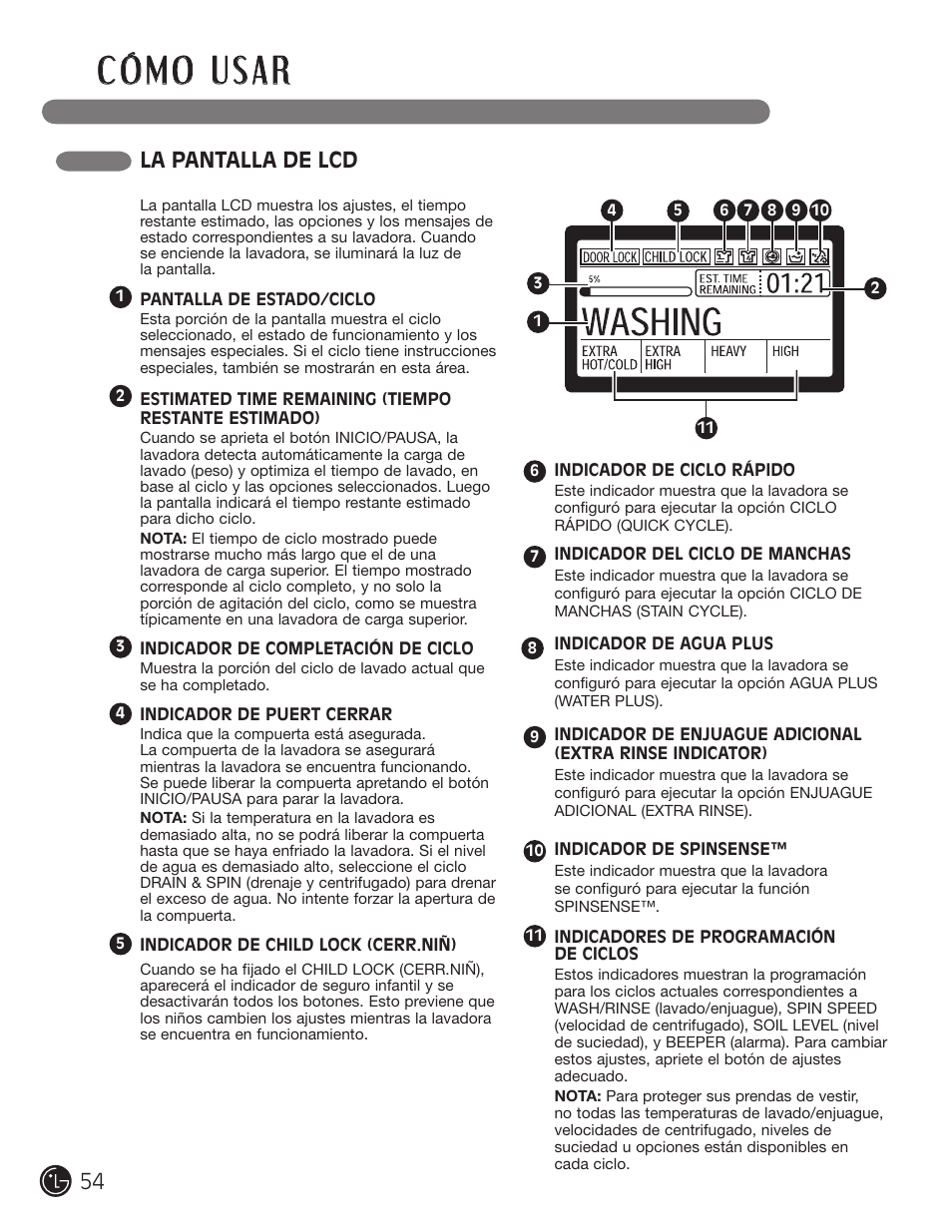 La pantalla de lcd | LG WM3001H*A User Manual | Page 54 / 72