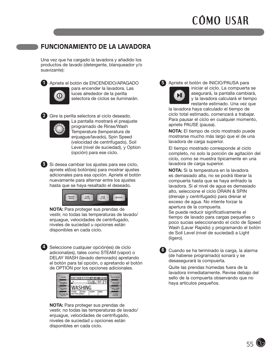 Funcionamiento de la lavadora | LG WM3001H*A User Manual | Page 55 / 72