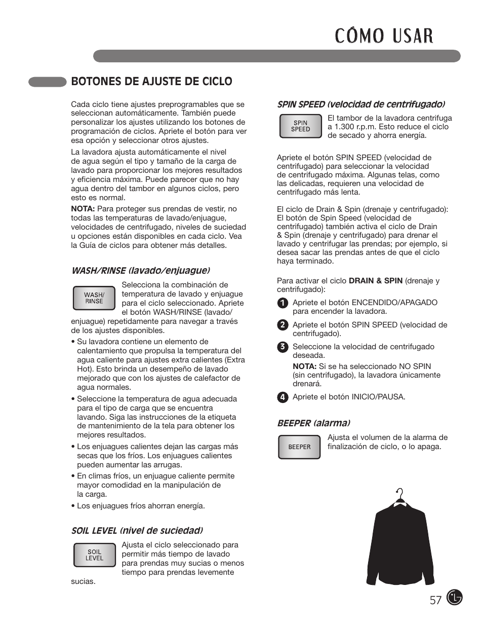 Botones de ajuste de ciclo | LG WM3001H*A User Manual | Page 57 / 72