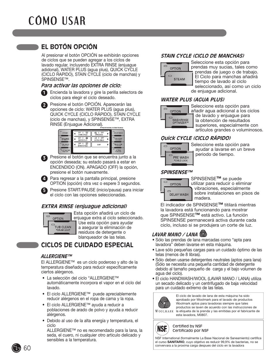 El botón opción, Ciclos de cuidado especial | LG WM3001H*A User Manual | Page 60 / 72