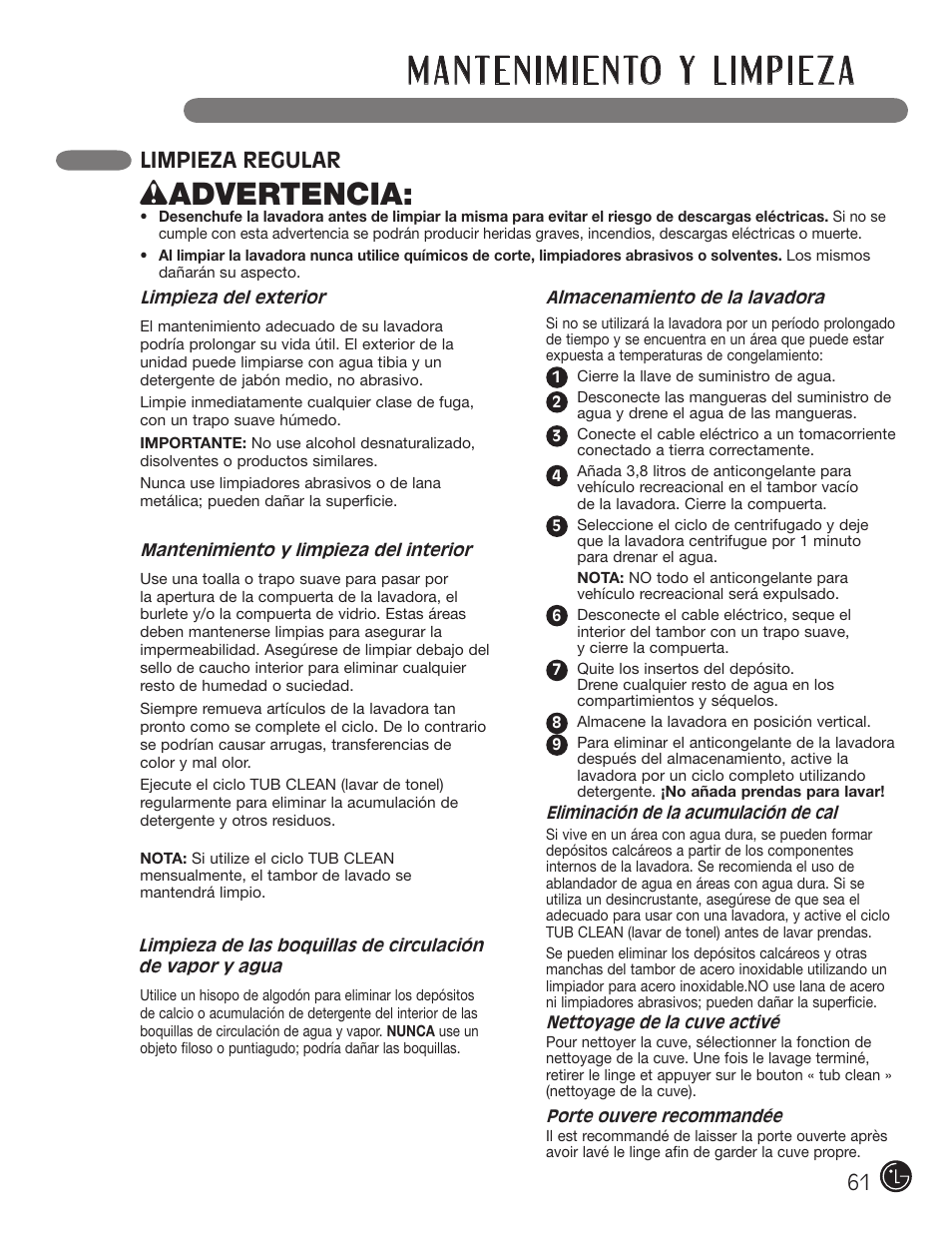 Wadvertencia, Limpieza regular | LG WM3001H*A User Manual | Page 61 / 72