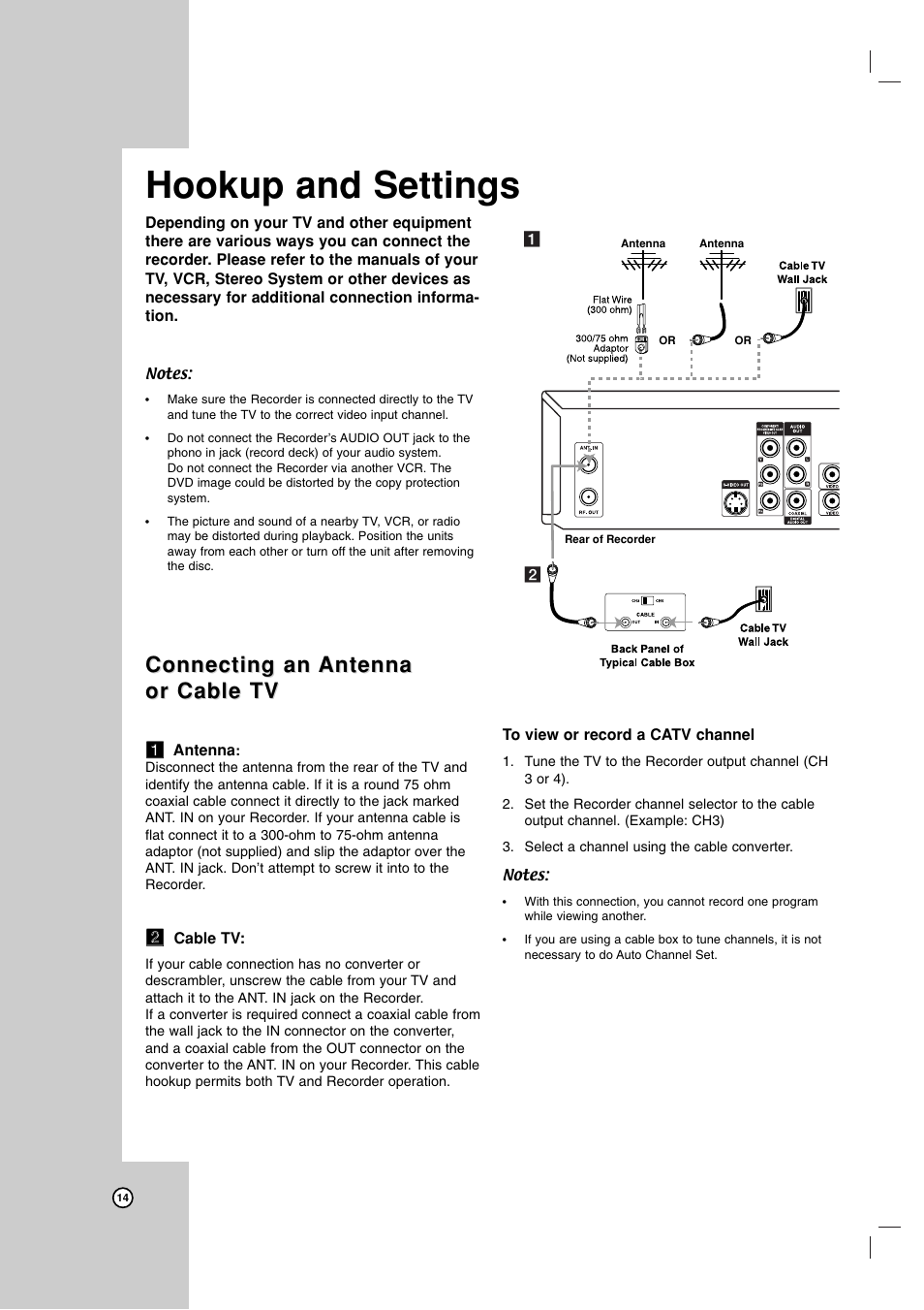 Hookup and settings, Connecting an | LG RC199H User Manual | Page 14 / 58