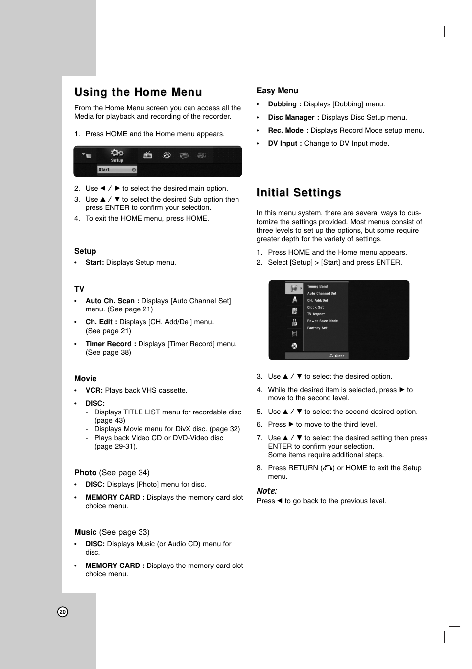 Using the home menu, Initial settings | LG RC199H User Manual | Page 20 / 58
