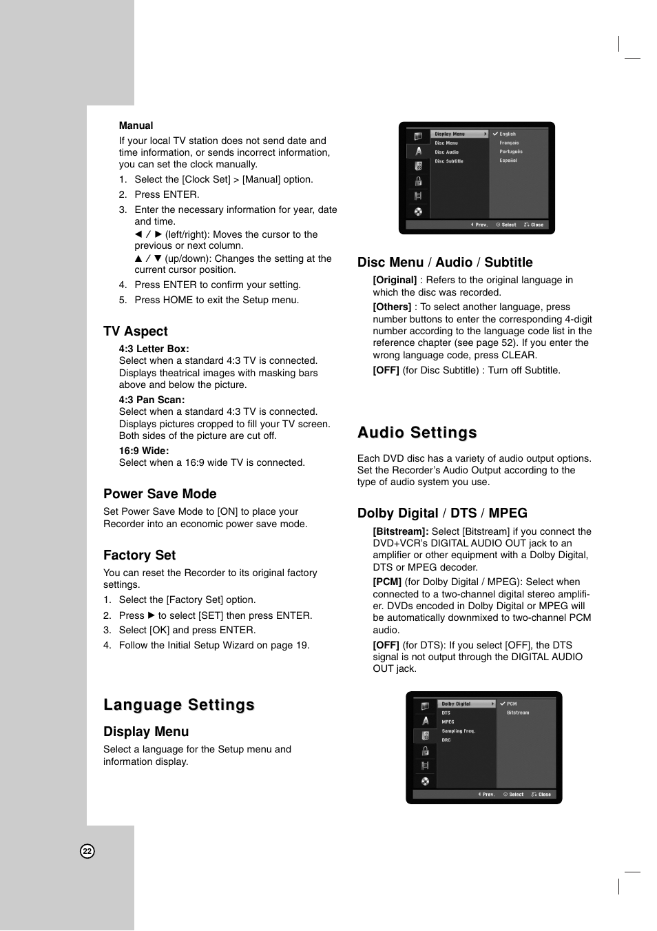 Language settings, Audio settings, Tv aspect | Power save mode, Factory set, Display menu, Disc menu / audio / subtitle, Dolby digital / dts / mpeg | LG RC199H User Manual | Page 22 / 58