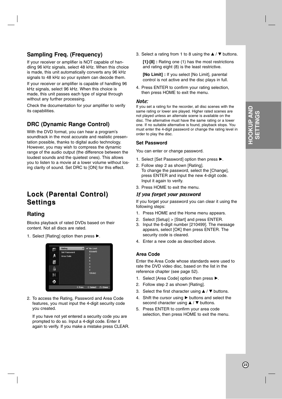 Lock (parental control), Lock (parental control) settings settings, Sampling freq. (frequency) | Drc (dynamic range control), Rating, Hookup and settings | LG RC199H User Manual | Page 23 / 58