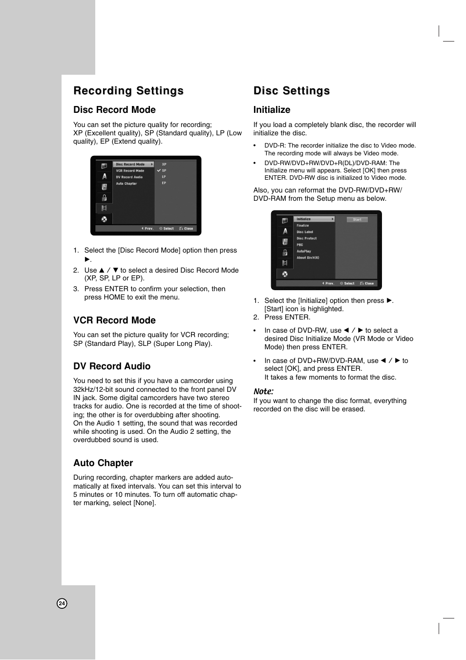 Recording settings, Disc settings, Disc record mode | Vcr record mode, Dv record audio, Auto chapter, Initialize | LG RC199H User Manual | Page 24 / 58