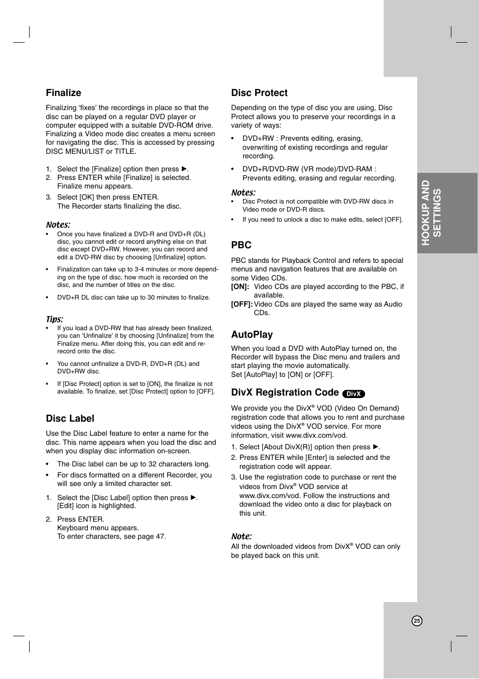 Finalize, Disc label, Disc protect | Autoplay, Divx registration code, Hookup and settings | LG RC199H User Manual | Page 25 / 58