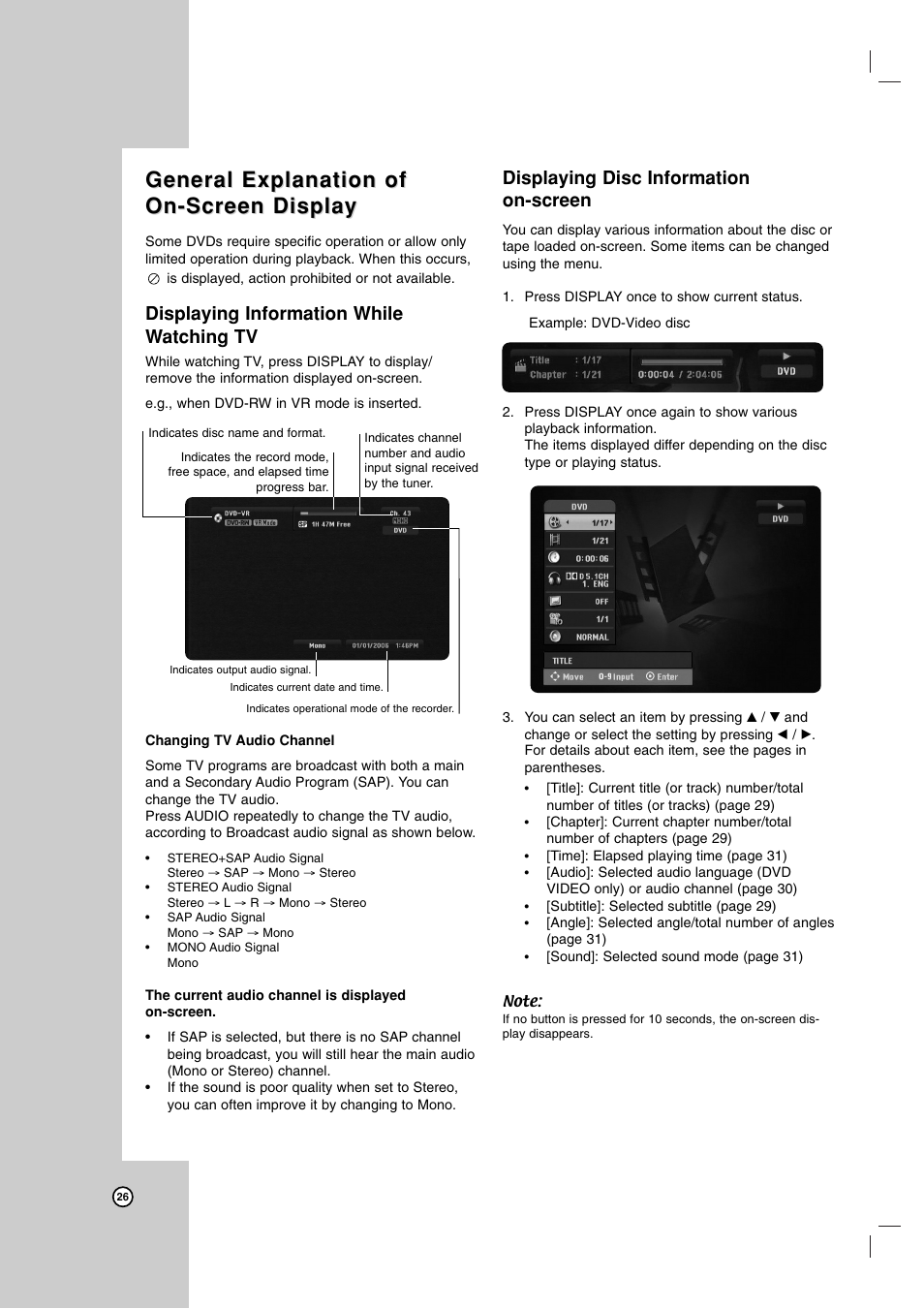 General explanation of, Displaying information while watching tv, Displaying disc information on-screen | LG RC199H User Manual | Page 26 / 58
