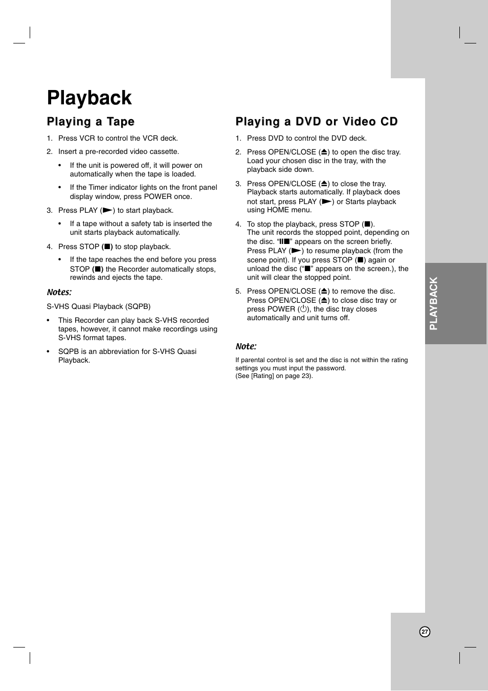 Playback, Playing a t, Playing a t ape ape | Playing a dvd or v, Playing a dvd or v ideo cd ideo cd | LG RC199H User Manual | Page 27 / 58
