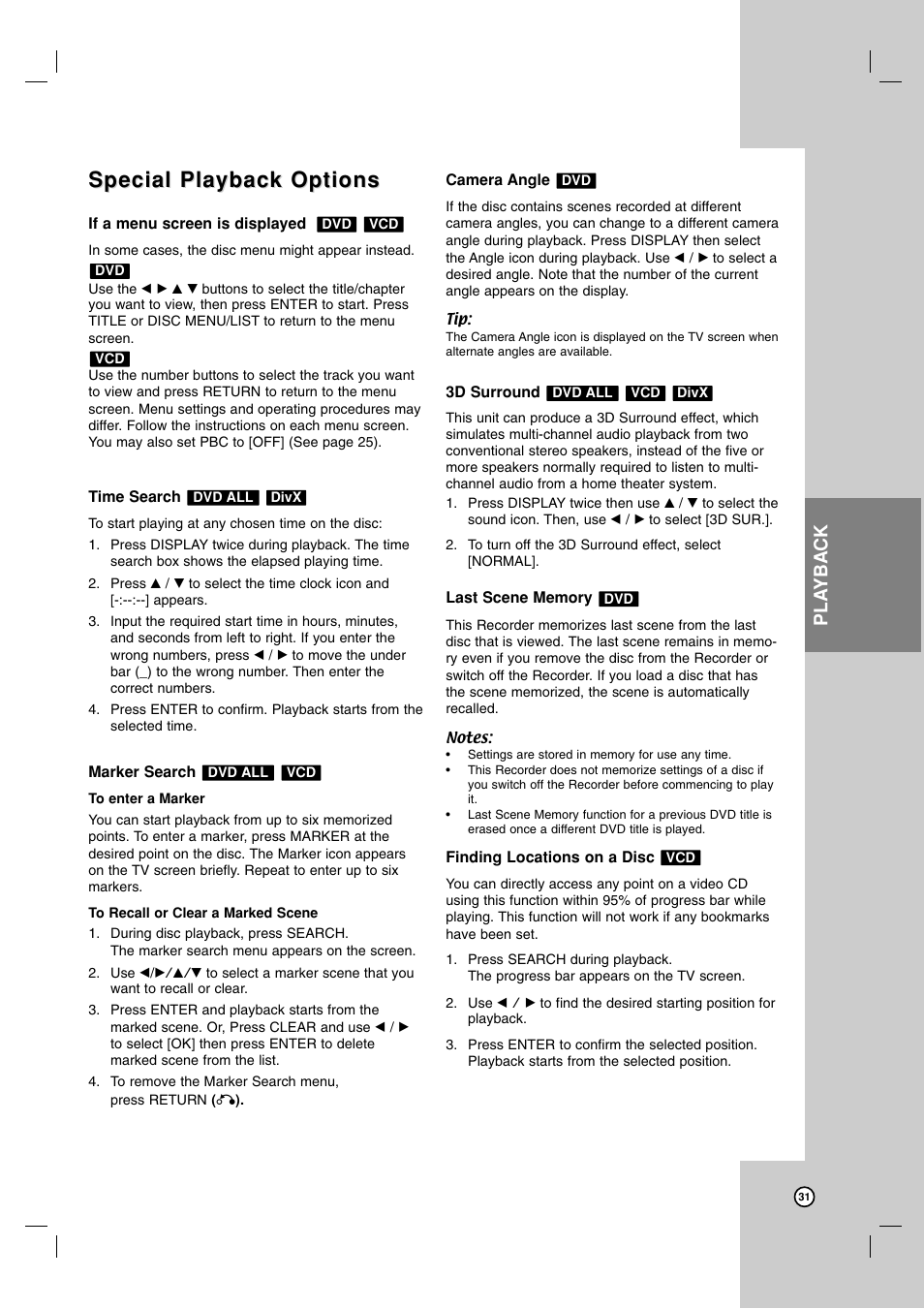 Special playback options, Pla yback | LG RC199H User Manual | Page 31 / 58