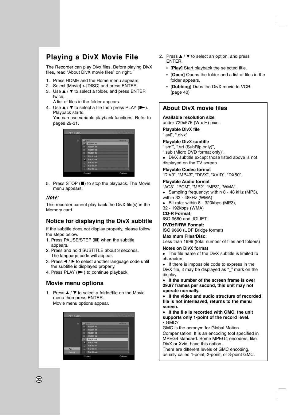 Playing a divx movie file, Notice for displaying the divx subtitle, Movie menu options | About divx movie files | LG RC199H User Manual | Page 32 / 58