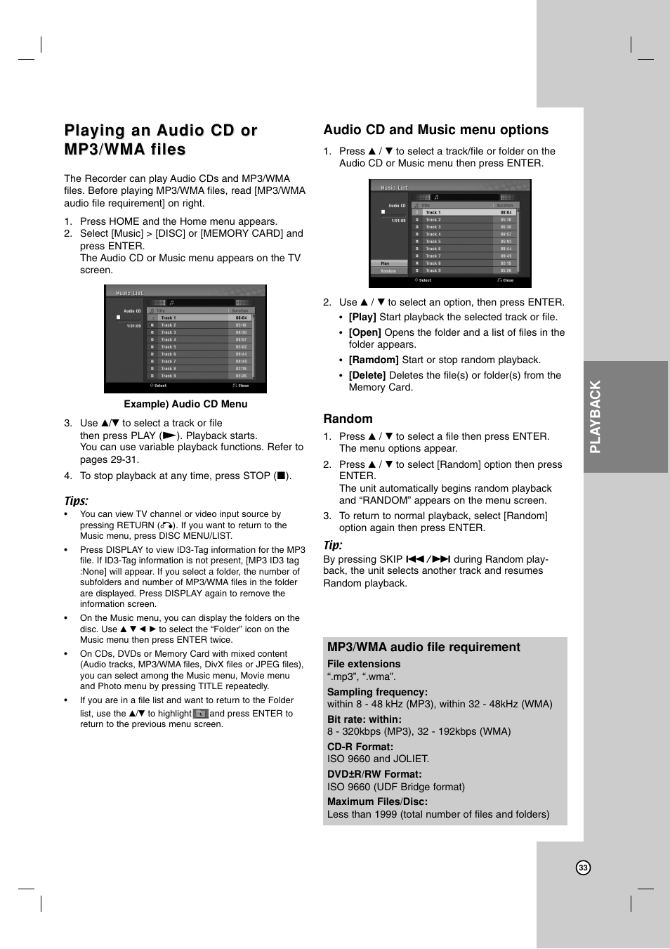 Playing an, Audio cd and music menu options, Pla yback | LG RC199H User Manual | Page 33 / 58