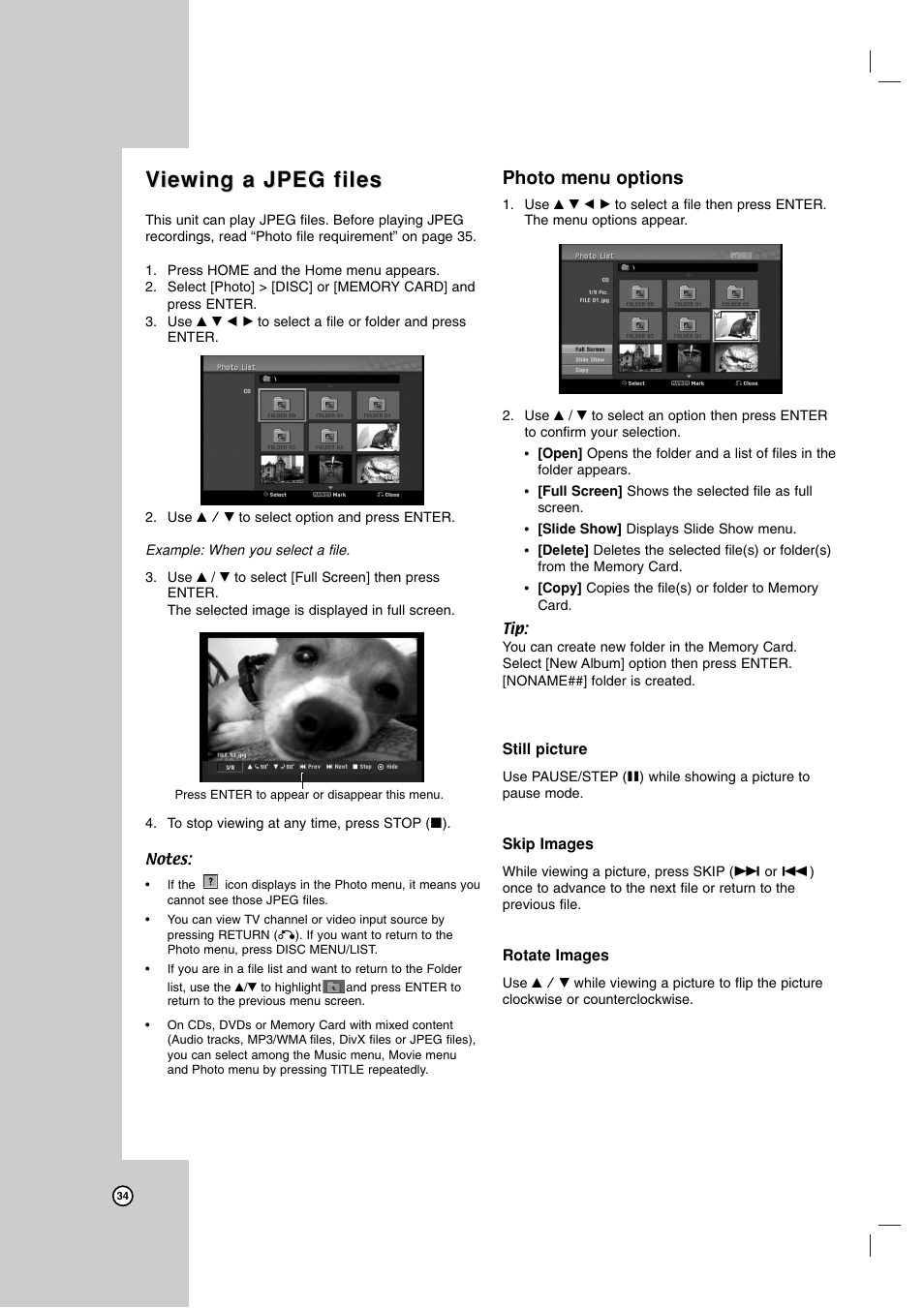 Viewing a jpeg files iewing a jpeg files, Photo menu options | LG RC199H User Manual | Page 34 / 58