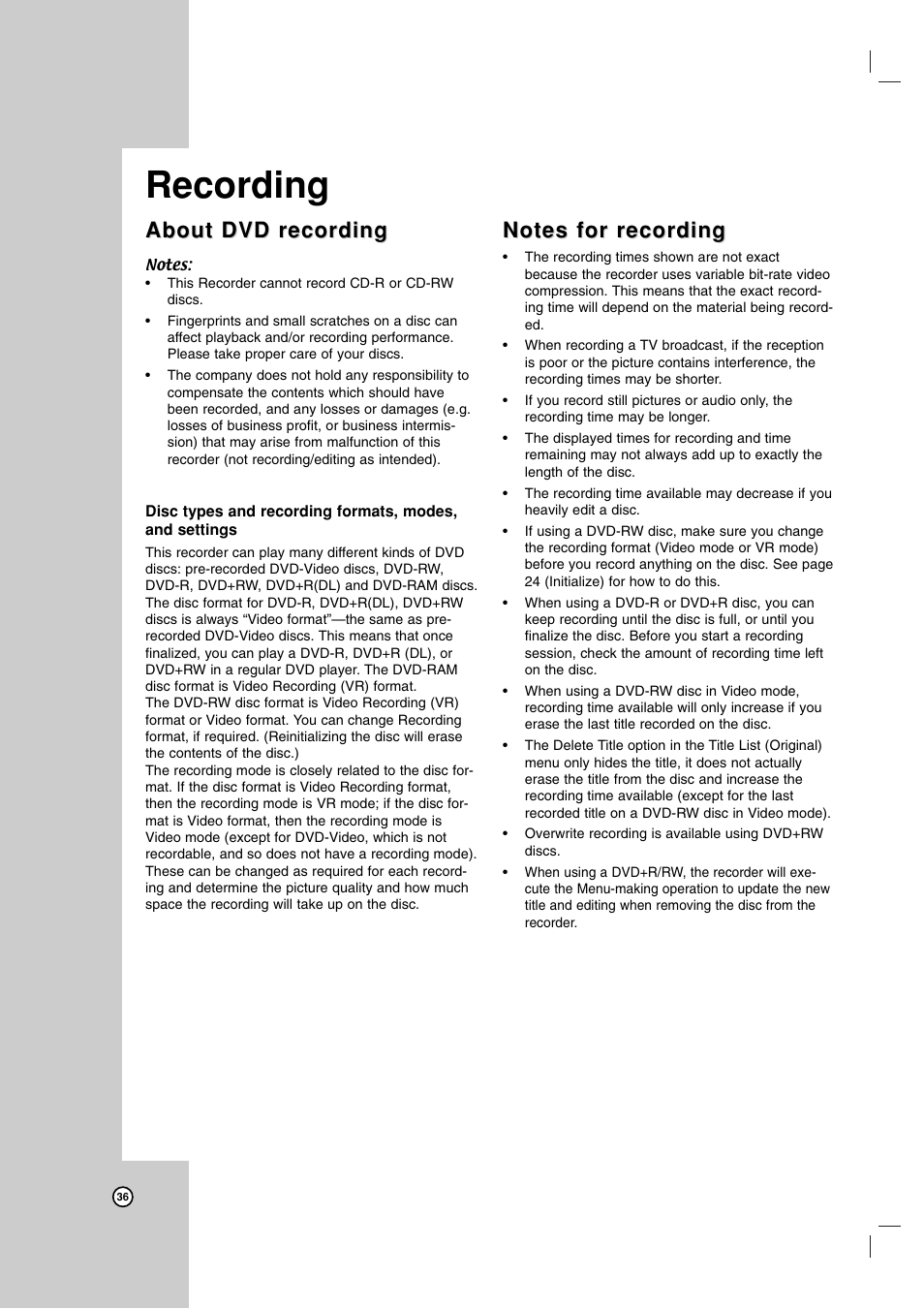 Recording, About dvd recording | LG RC199H User Manual | Page 36 / 58