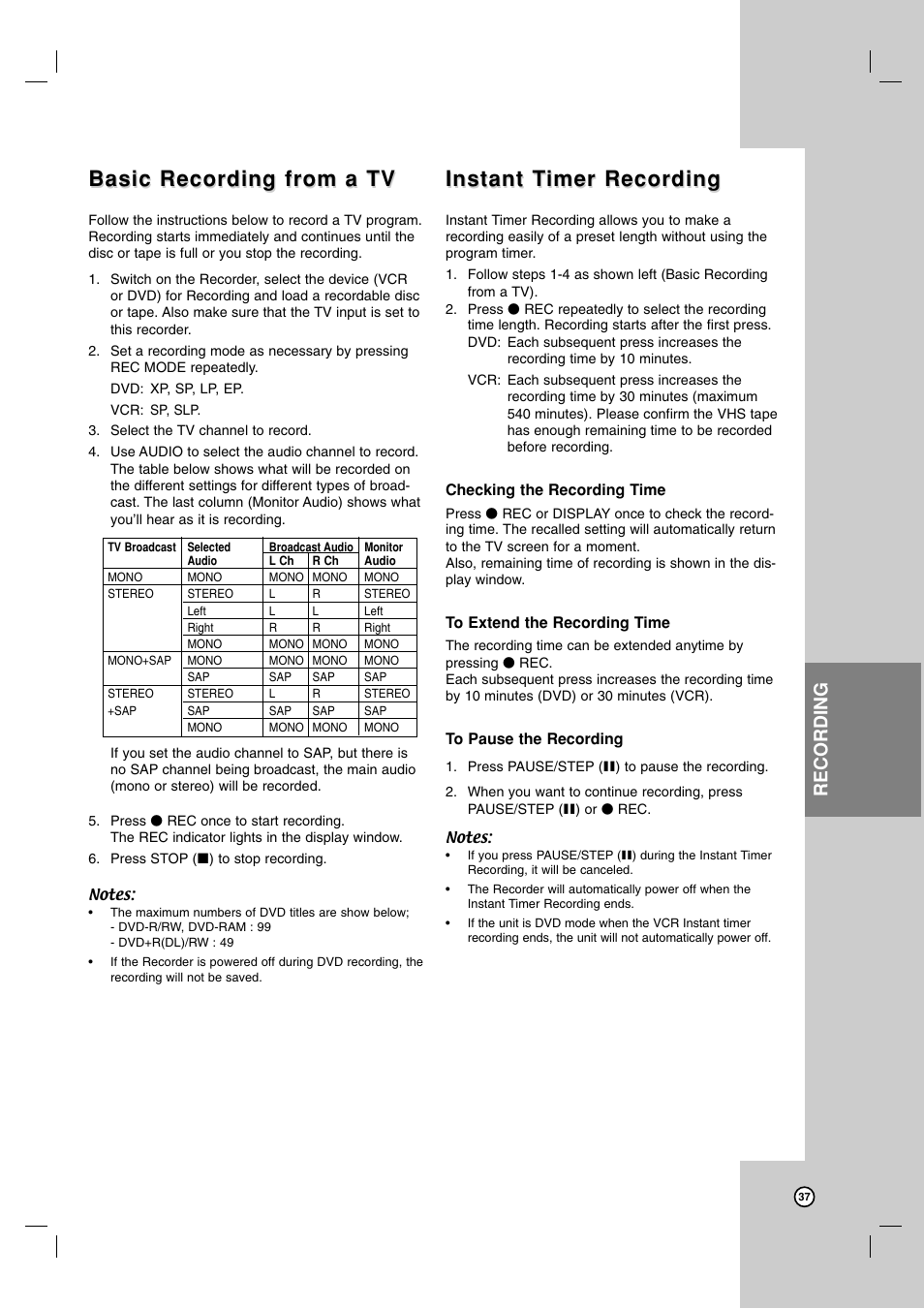 Basic recording from a tv, Instant t, Instant t imer recording imer recording | Recording | LG RC199H User Manual | Page 37 / 58