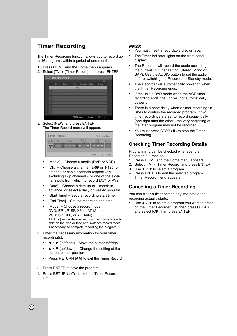 Timer recording imer recording, Checking timer recording details, Canceling a timer recording | LG RC199H User Manual | Page 38 / 58