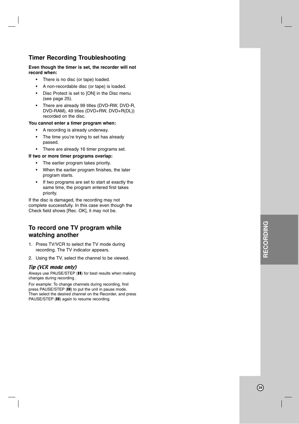 Timer recording troubleshooting, Recording | LG RC199H User Manual | Page 39 / 58