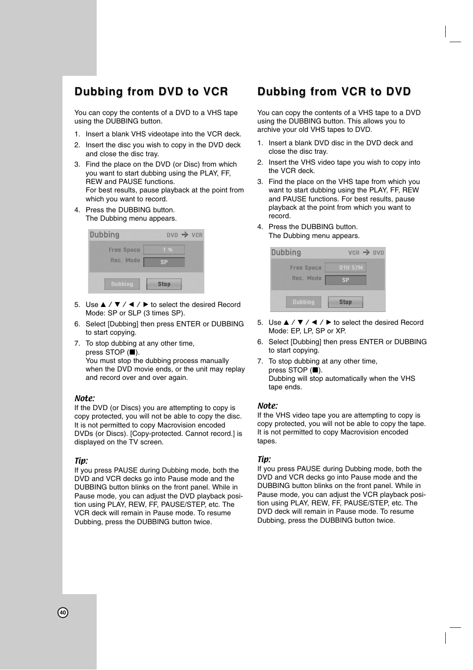 Dubbing from dvd to vcr, Dubbing from vcr to dvd | LG RC199H User Manual | Page 40 / 58