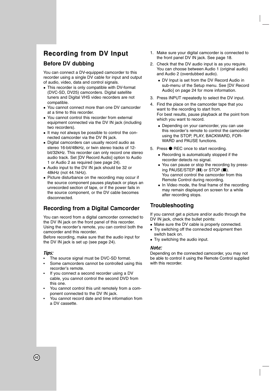 Recording from dv input, Before dv dubbing, Recording from a digital camcorder | Troubleshooting | LG RC199H User Manual | Page 42 / 58