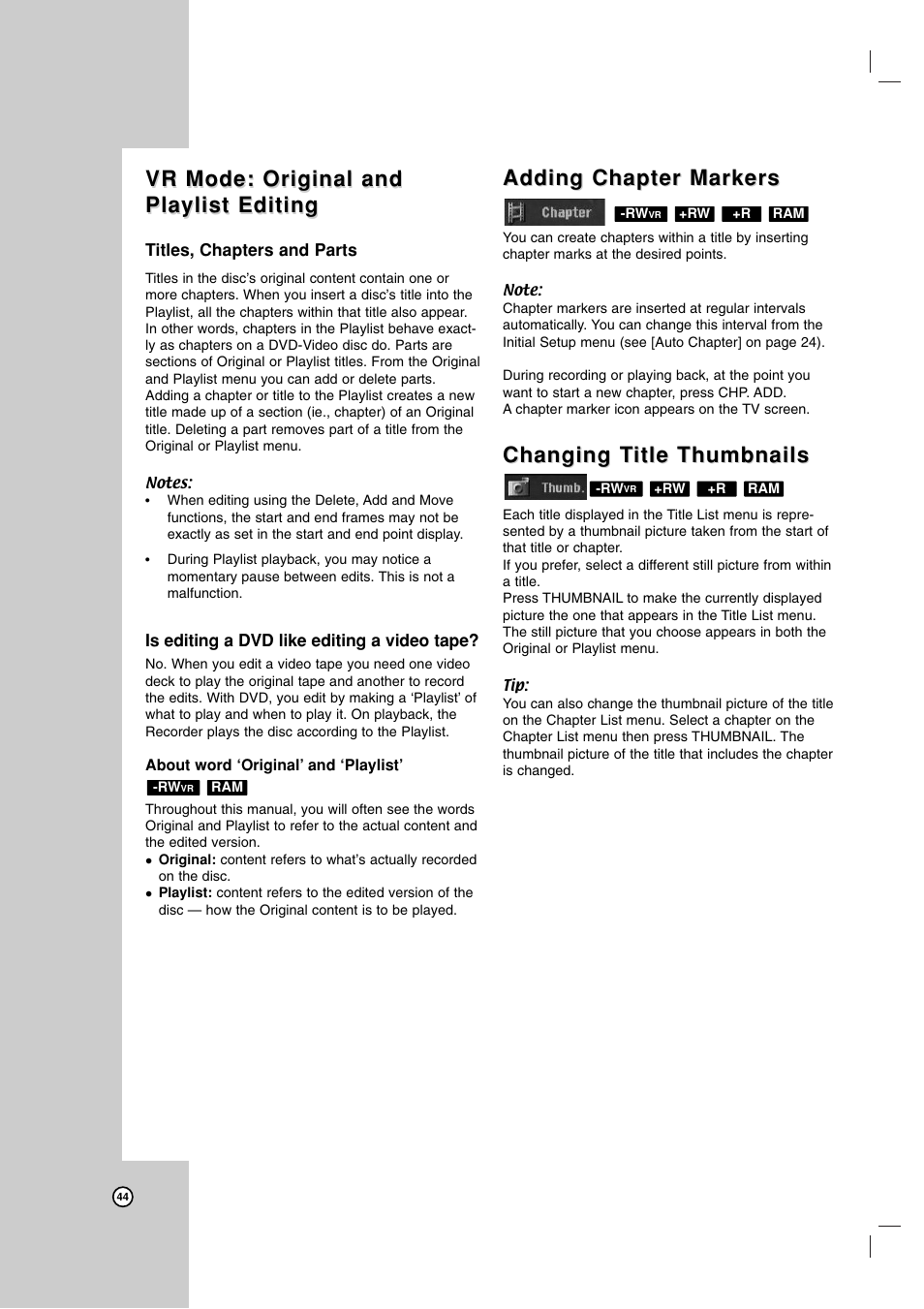 Vr mode: original and, Adding chapter markers, Changing t | Changing t itle thumbnails itle thumbnails | LG RC199H User Manual | Page 44 / 58