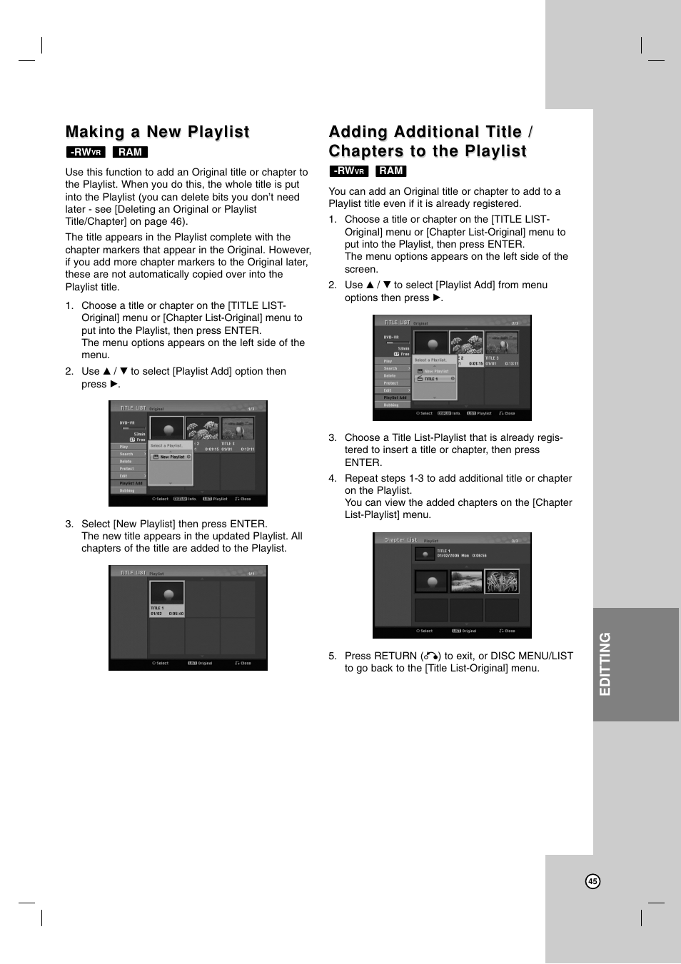 Making a new playlist, Adding | LG RC199H User Manual | Page 45 / 58