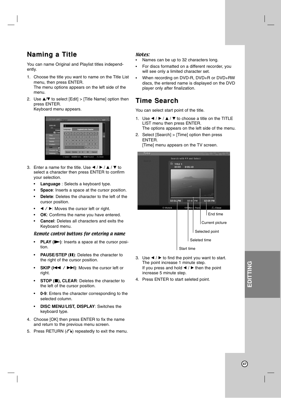 Naming a t, Naming a t itle itle, Time search ime search | Editting | LG RC199H User Manual | Page 47 / 58