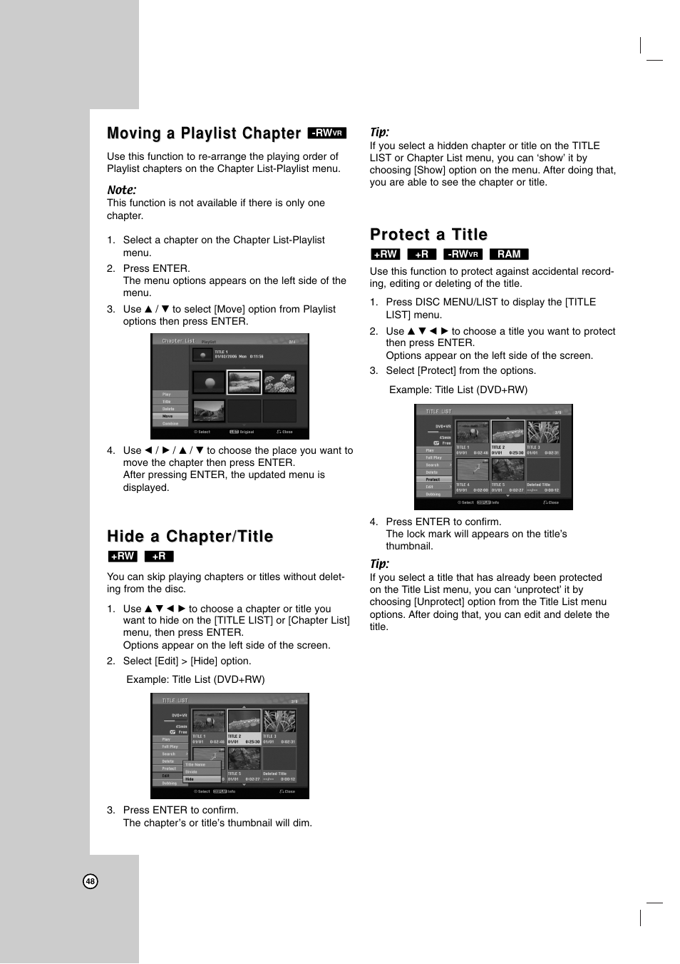 Moving a playlist chapter, Hide a chapter/t, Hide a chapter/t itle itle | Protect a t, Protect a t itle itle | LG RC199H User Manual | Page 48 / 58