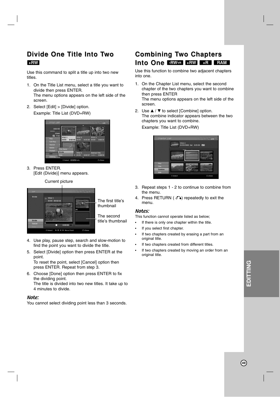 Divide one t, Divide one t itle into t itle into t wo wo, Combining t | LG RC199H User Manual | Page 49 / 58