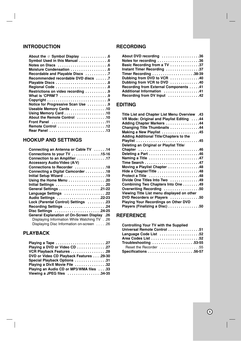 Introduction, Hookup and settings, Playback | Recording, Editing, Reference | LG RC199H User Manual | Page 5 / 58