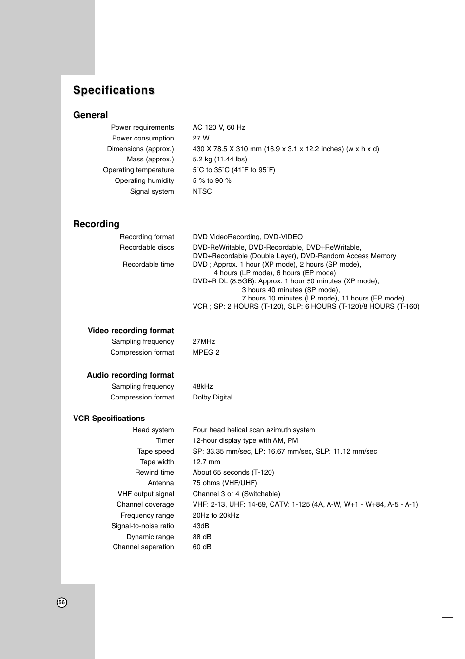 Specifications, General, Recording | LG RC199H User Manual | Page 56 / 58