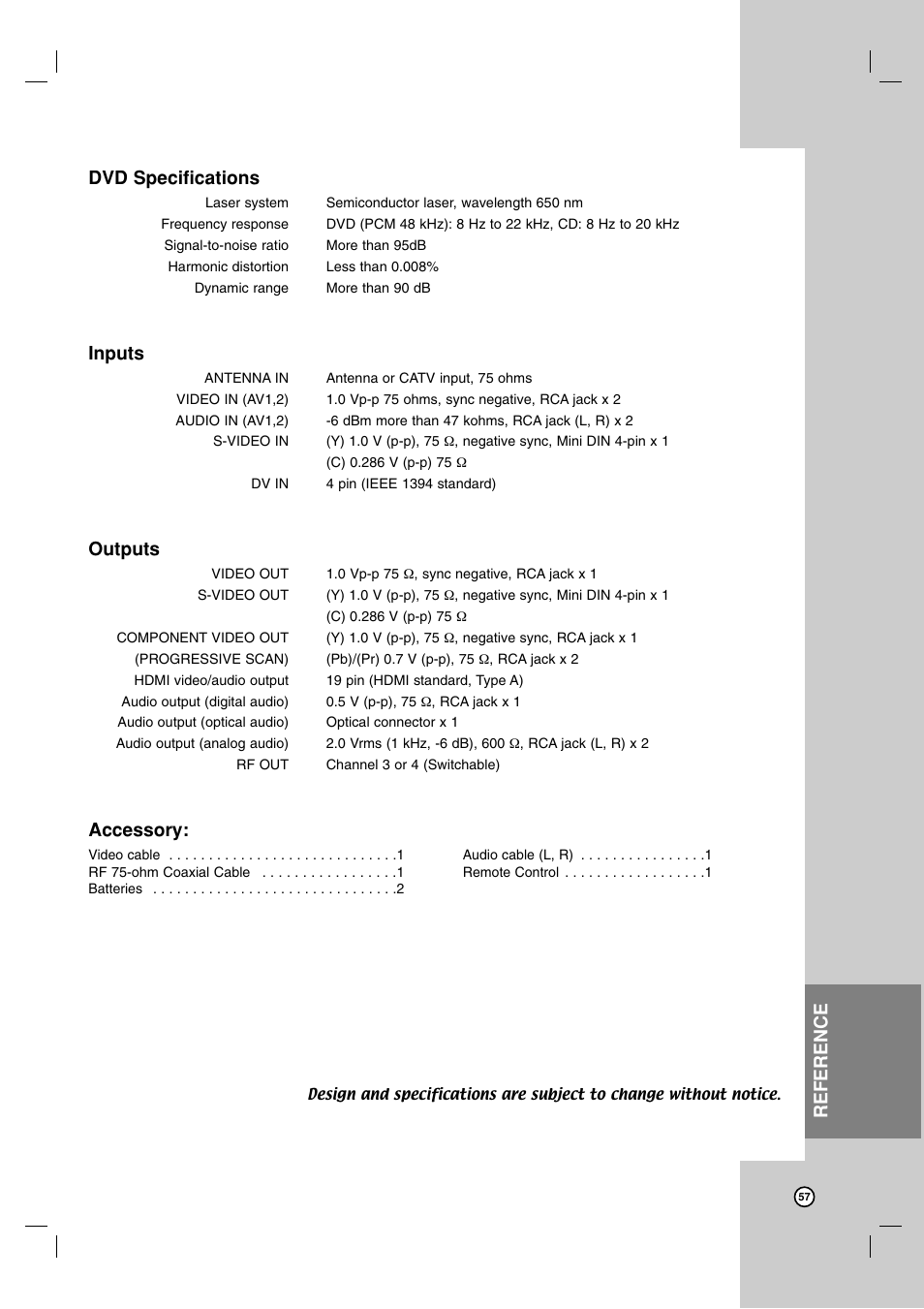 Dvd specifications, Inputs, Outputs | Accessory, Reference | LG RC199H User Manual | Page 57 / 58