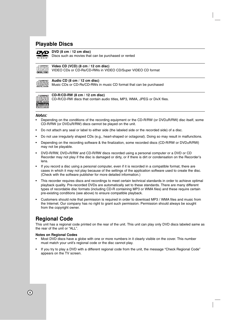 Playable discs, Regional code | LG RC199H User Manual | Page 8 / 58