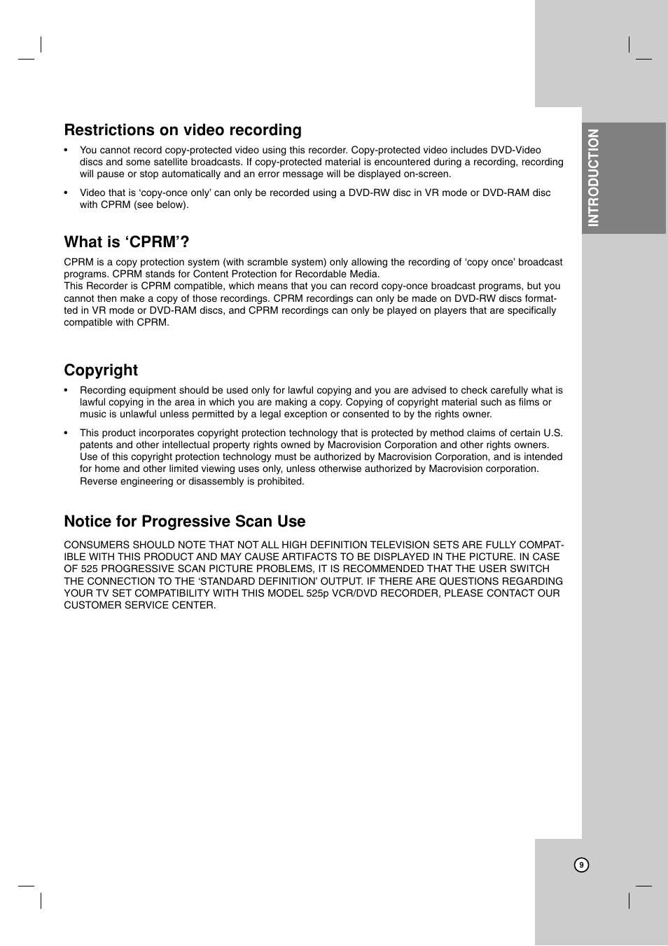 Restrictions on video recording, What is ‘cprm, Copyright | Notice for progressive scan use | LG RC199H User Manual | Page 9 / 58