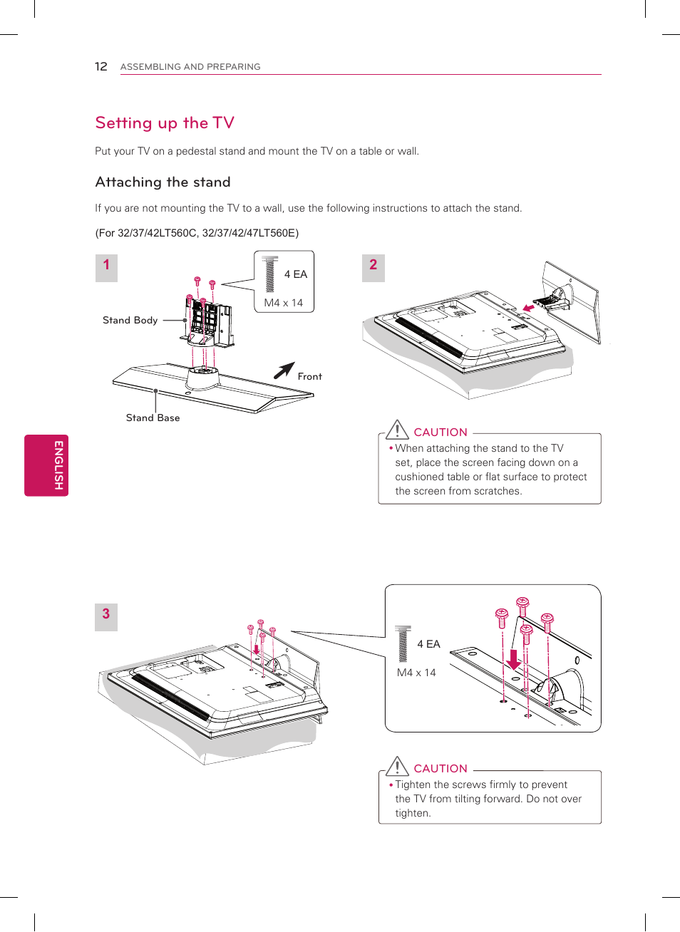 Setting up the tv, Attaching the stand | LG 26LT560C User Manual | Page 12 / 36